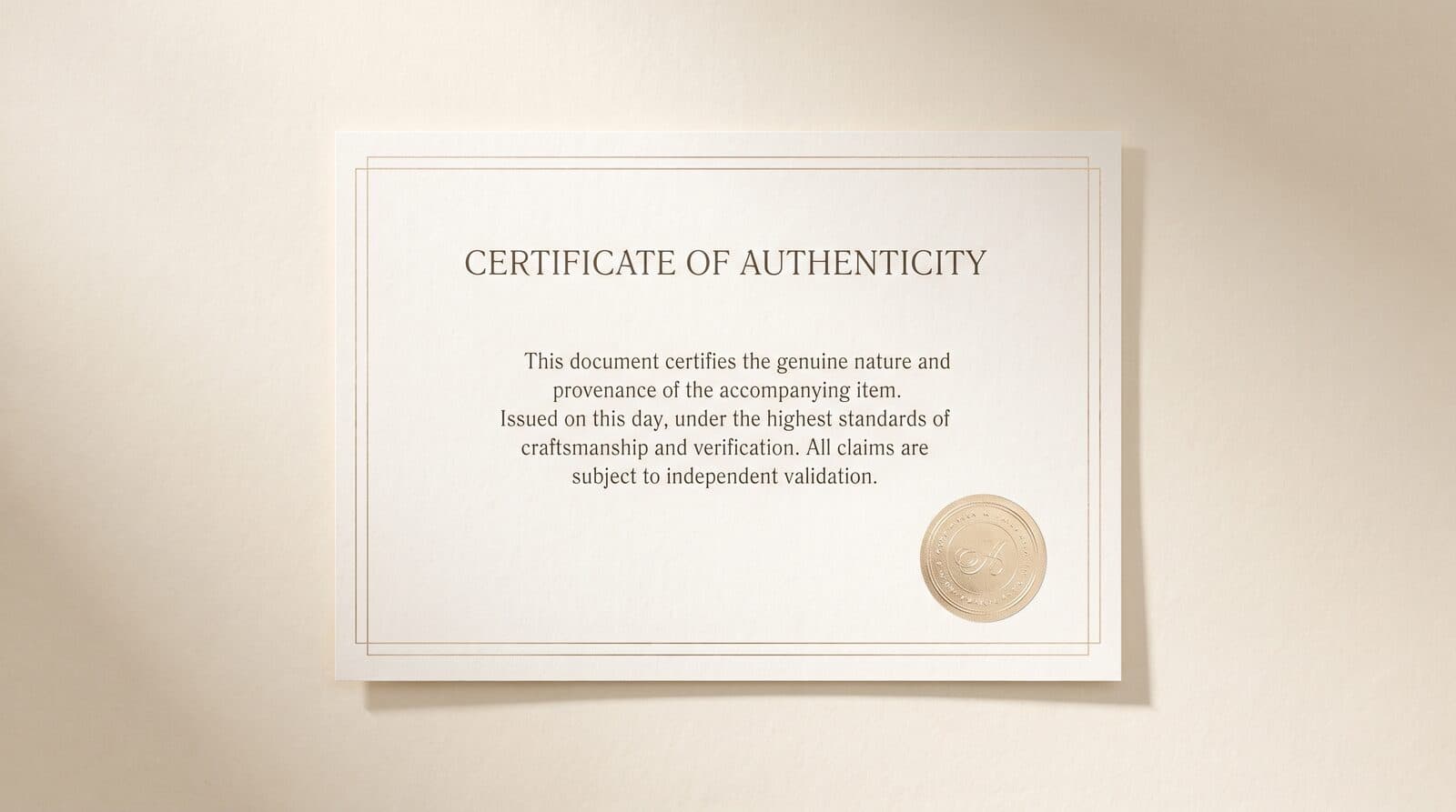 The certificate that ships with every piece — both authentication passes recorded in writing.