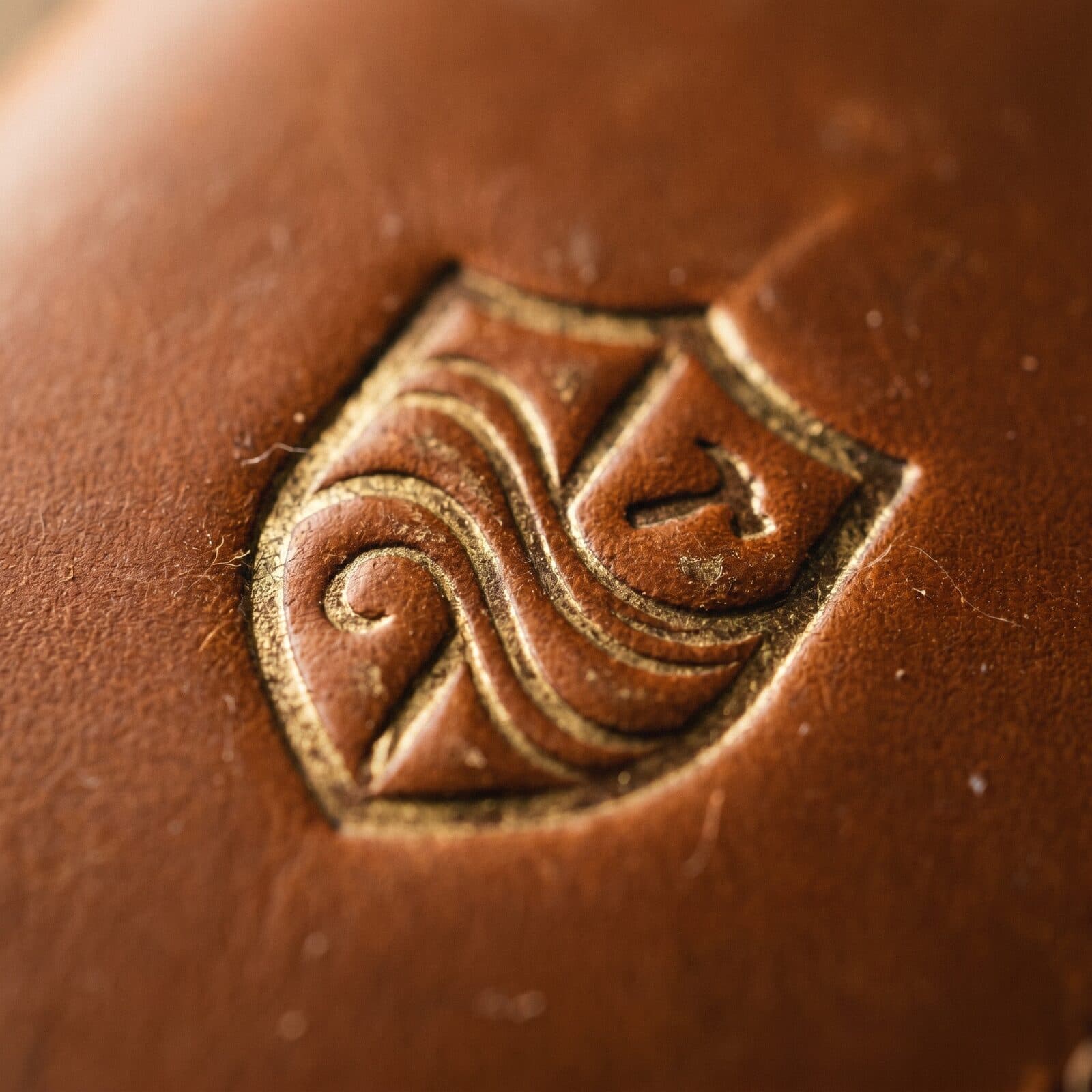 A maker's heat stamp examined up close under warm light.