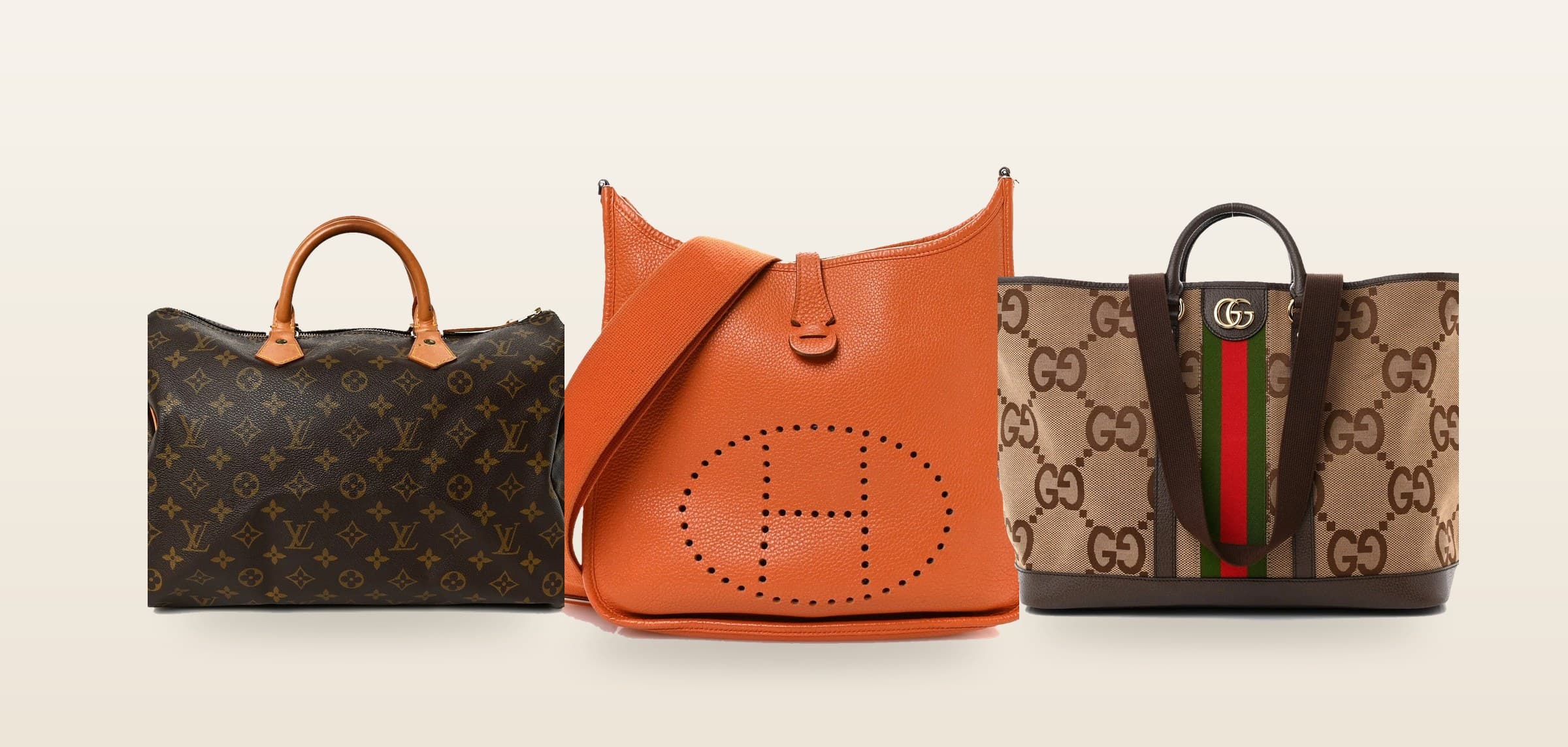Three handbags on a warm neutral ground — a Louis Vuitton monogram Speedy, an orange Hermès Evelyne and a Gucci Ophidia GG tote