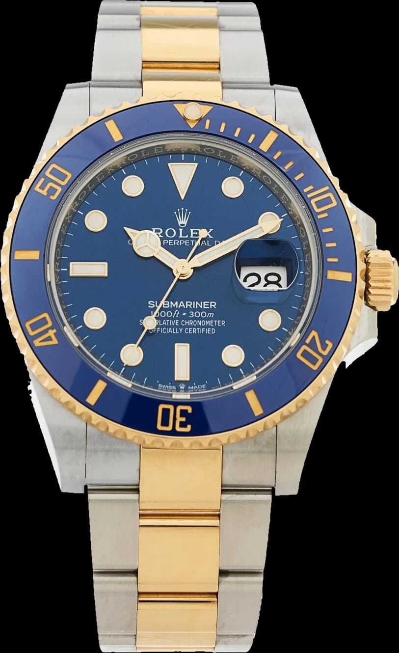 A two-tone Rolex Submariner with a blue dial and bezel
