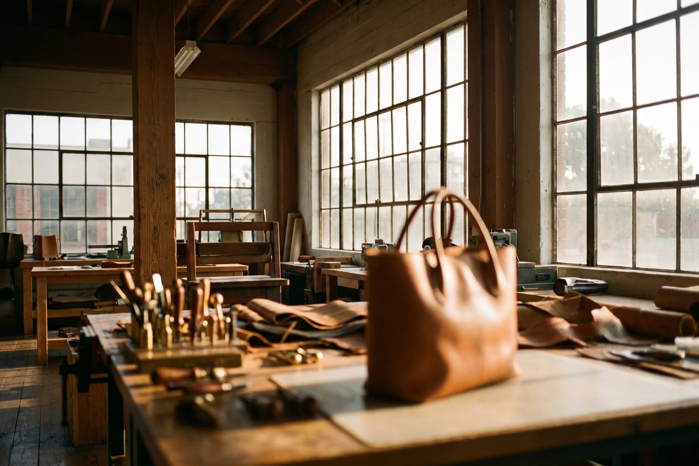 Hands at work over leather in an atelier, in warm daylight