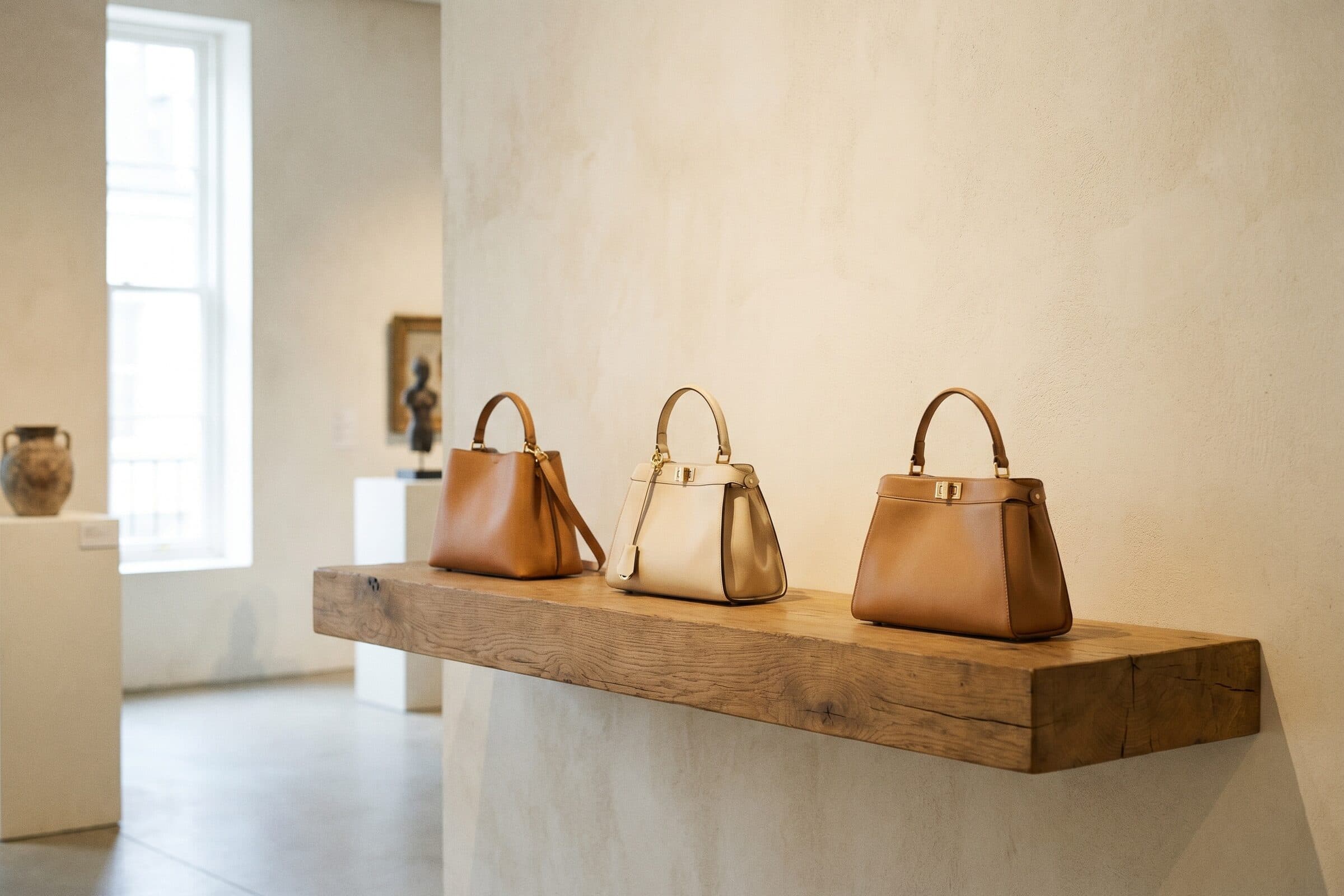 A warm, airy boutique interior with pieces displayed sparely on light shelving