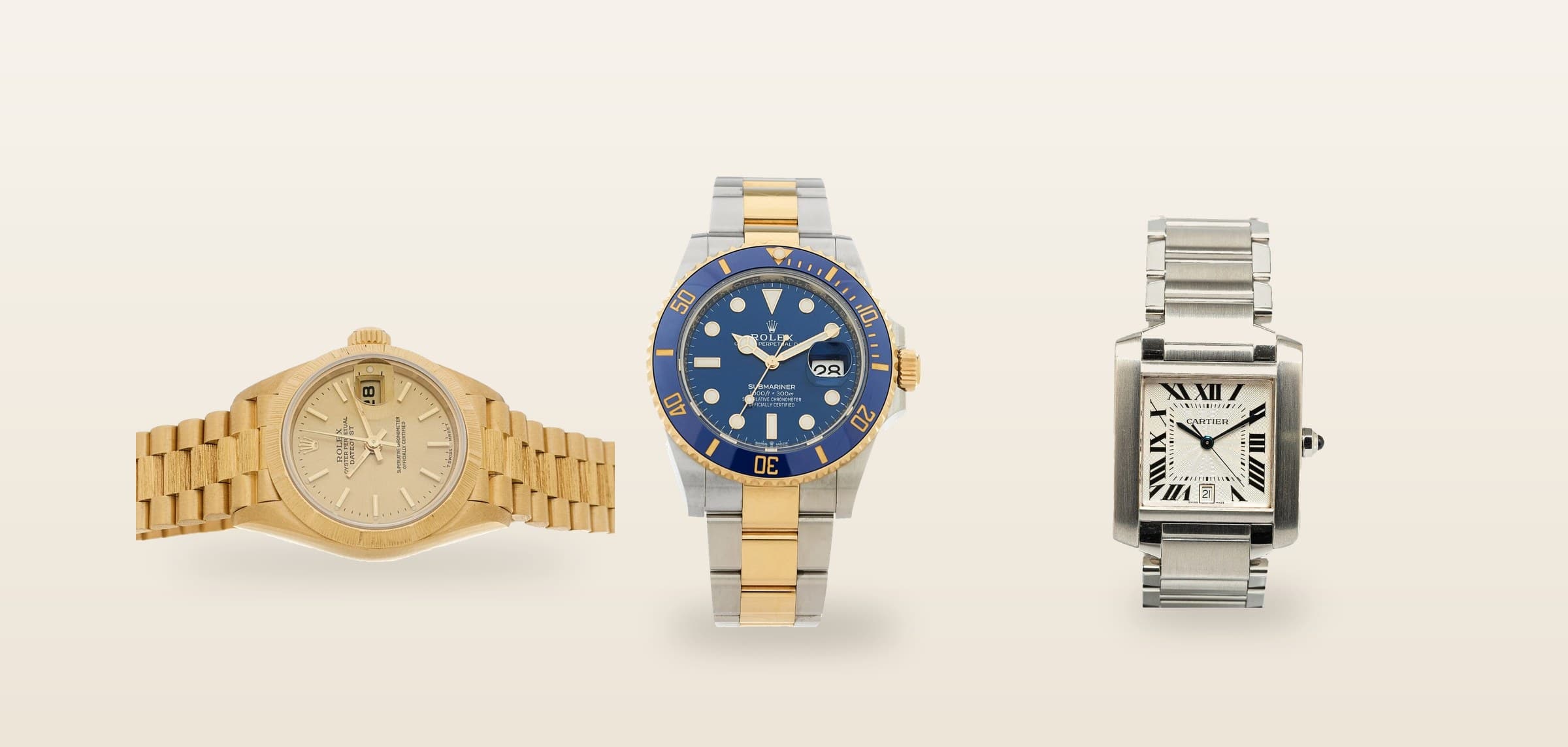 Three watches on a warm neutral ground — a gold Rolex Datejust, a two-tone Rolex Submariner and a Cartier Tank Française