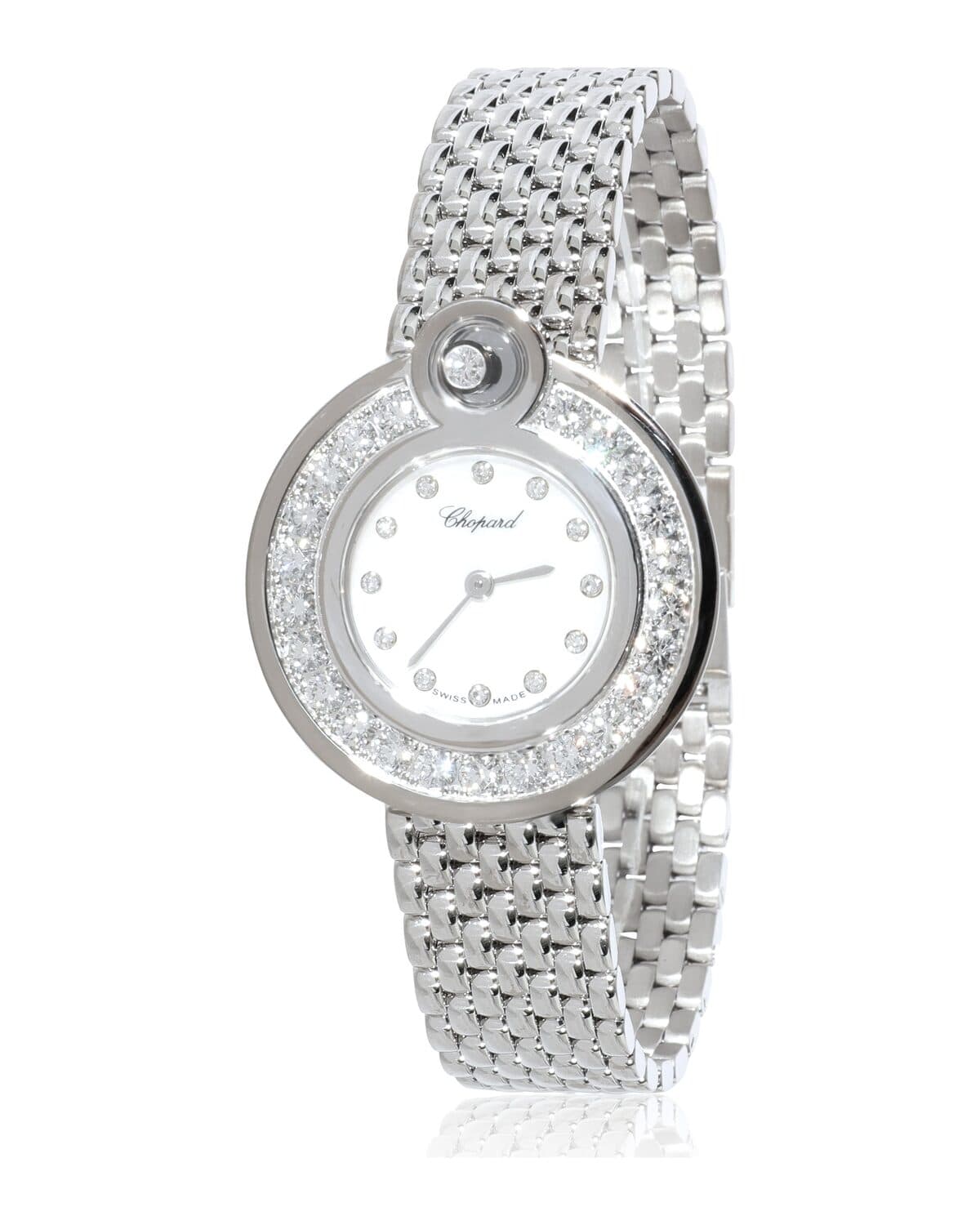 Stone-set bracelet watch photographed on a neutral ground